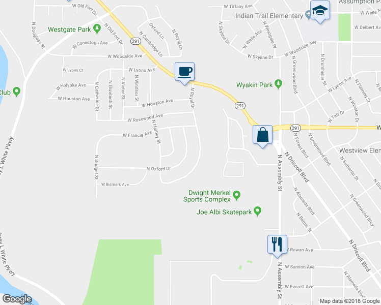 map of restaurants, bars, coffee shops, grocery stores, and more near 6110 North Oxford Drive in Spokane