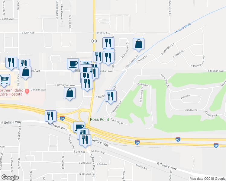 map of restaurants, bars, coffee shops, grocery stores, and more near Sterling Drive in Post Falls