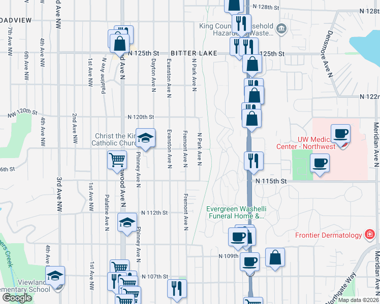 map of restaurants, bars, coffee shops, grocery stores, and more near 11558 Fremont Avenue North in Seattle
