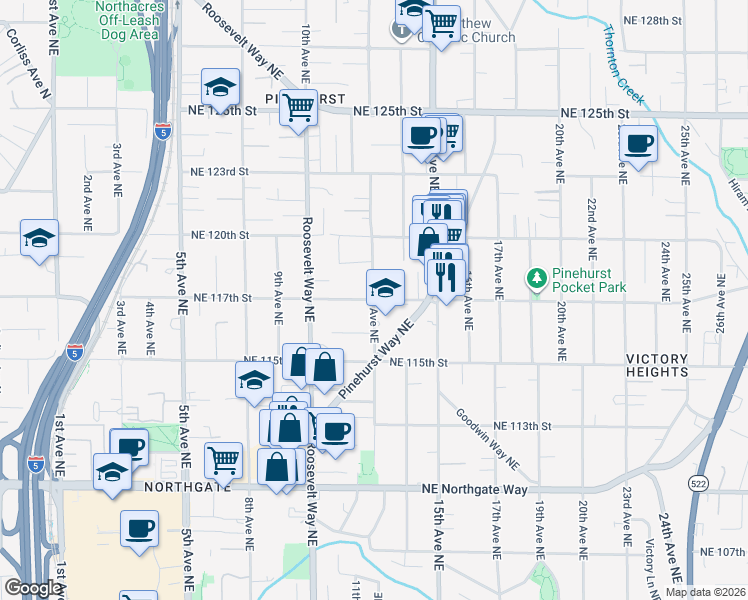 map of restaurants, bars, coffee shops, grocery stores, and more near 12th Ave NE & NE 117th St in Seattle