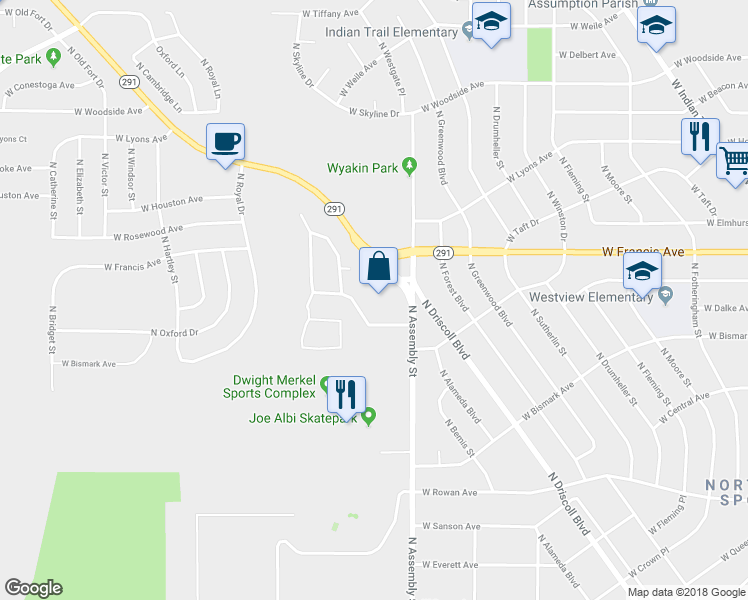 map of restaurants, bars, coffee shops, grocery stores, and more near 6025 North Assembly Street in Spokane