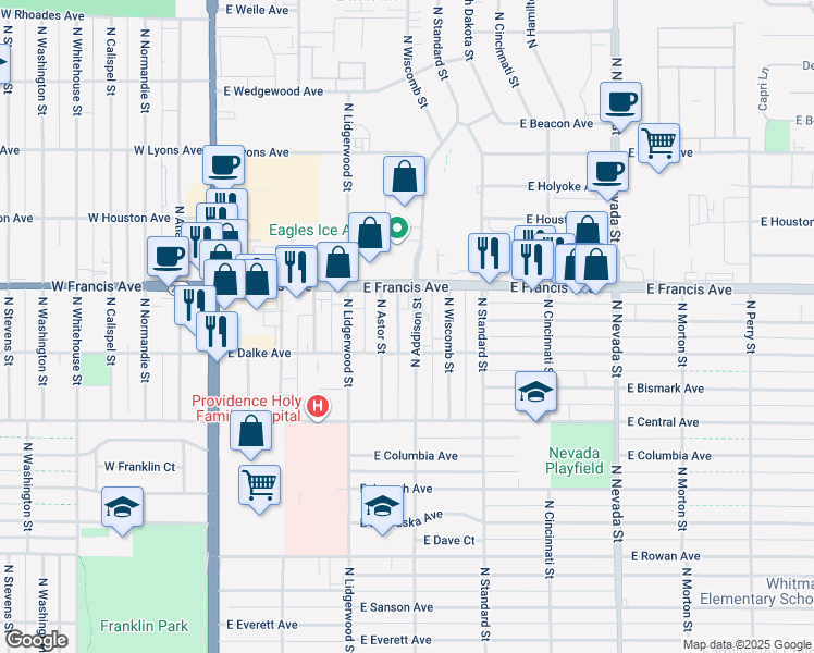 map of restaurants, bars, coffee shops, grocery stores, and more near 6101 North Addison Street in Spokane