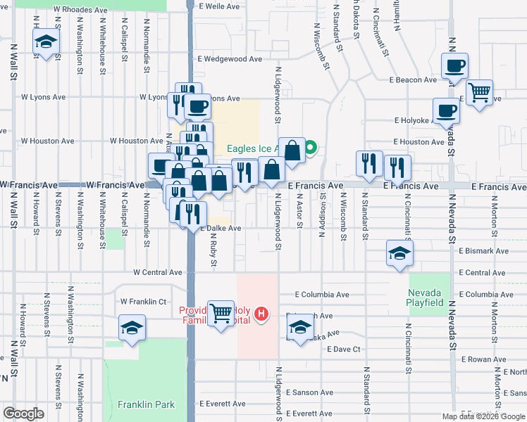 map of restaurants, bars, coffee shops, grocery stores, and more near 221 East Dalke Avenue in Spokane