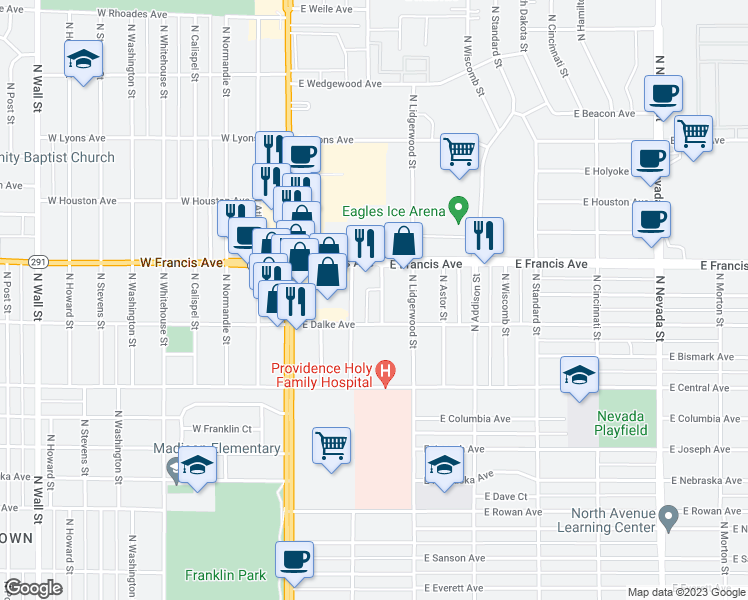 map of restaurants, bars, coffee shops, grocery stores, and more near 6104 North Mayfair Street in Spokane