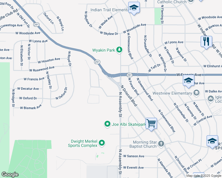 map of restaurants, bars, coffee shops, grocery stores, and more near 6025 North Assembly Street in Spokane