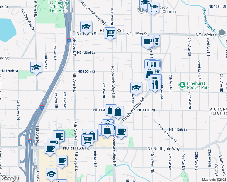 map of restaurants, bars, coffee shops, grocery stores, and more near Roosevelt Way NE & NE 117th St in Seattle