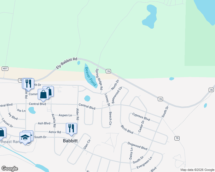 map of restaurants, bars, coffee shops, grocery stores, and more near 45 North Drive in Babbitt