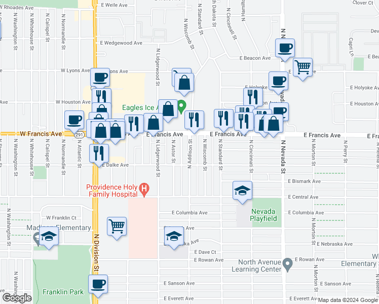 map of restaurants, bars, coffee shops, grocery stores, and more near 6123 North Addison Street in Spokane