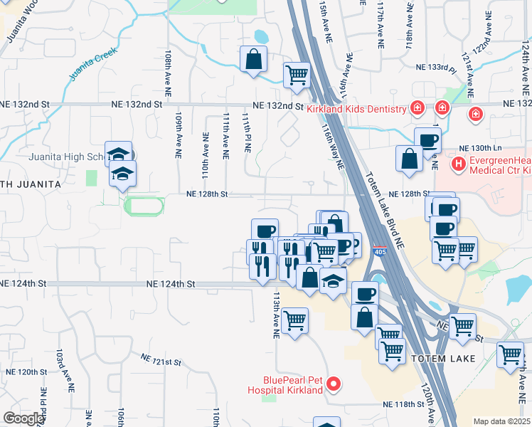 map of restaurants, bars, coffee shops, grocery stores, and more near 11227 Northeast 128th Street in Kirkland