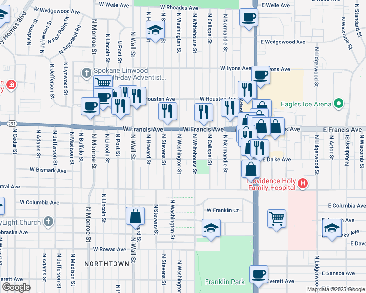 map of restaurants, bars, coffee shops, grocery stores, and more near 6126 North Washington Street in Spokane