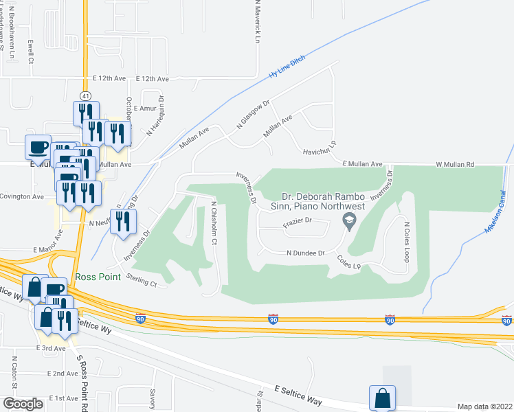 map of restaurants, bars, coffee shops, grocery stores, and more near Inverness Drive in Post Falls