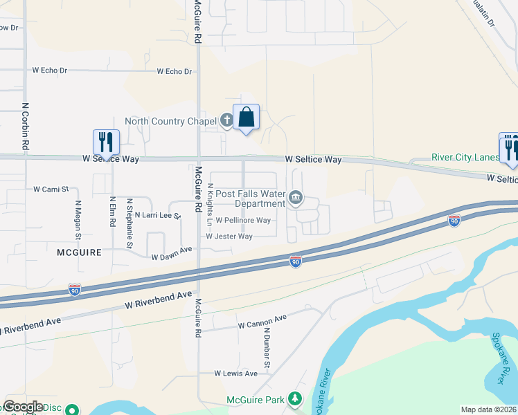 map of restaurants, bars, coffee shops, grocery stores, and more near 2058 West Pellinore Way in Post Falls