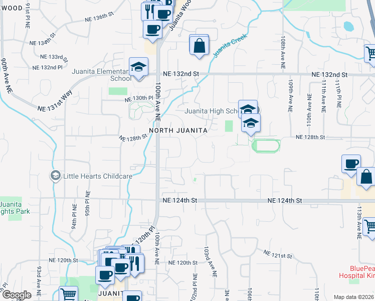 map of restaurants, bars, coffee shops, grocery stores, and more near 12636 100th Lane Northeast in Kirkland
