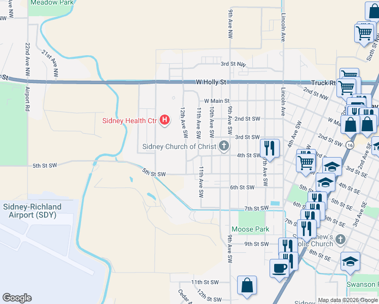 map of restaurants, bars, coffee shops, grocery stores, and more near 401 12th Avenue Southwest in Sidney