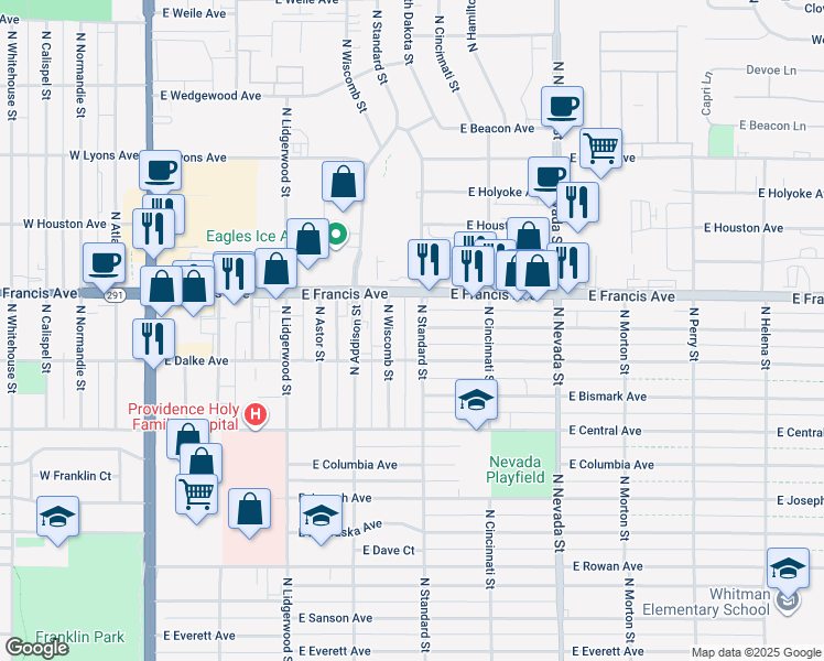 map of restaurants, bars, coffee shops, grocery stores, and more near 605 East Dalke Avenue in Spokane