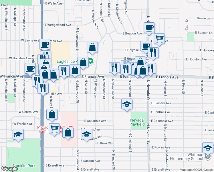map of restaurants, bars, coffee shops, grocery stores, and more near 523 East Dalke Avenue in Spokane