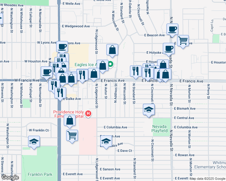 map of restaurants, bars, coffee shops, grocery stores, and more near 6101 North Addison Street in Spokane