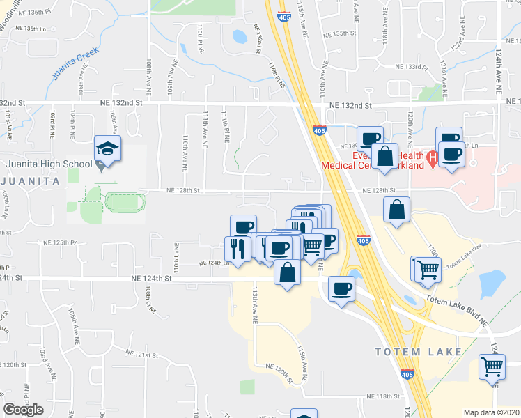 map of restaurants, bars, coffee shops, grocery stores, and more near 11217 Northeast 128th Street in Kirkland