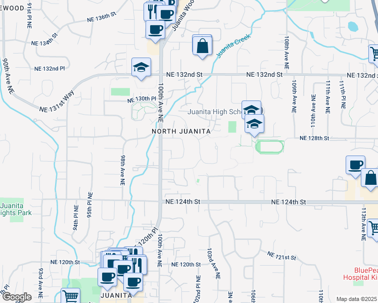 map of restaurants, bars, coffee shops, grocery stores, and more near 10122 Northeast 126th Street in Kirkland