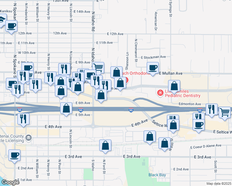 map of restaurants, bars, coffee shops, grocery stores, and more near 1109 East Polston Avenue in Post Falls