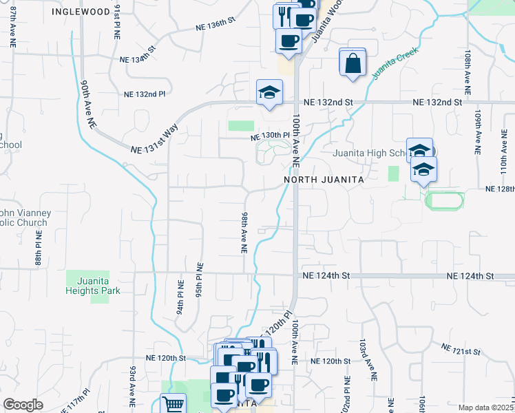 map of restaurants, bars, coffee shops, grocery stores, and more near 12753 98th Place Northeast in Kirkland