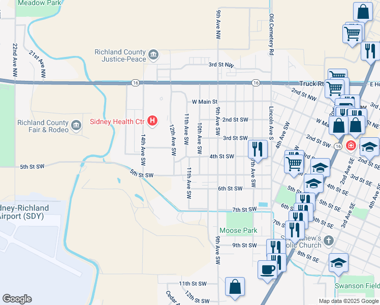 map of restaurants, bars, coffee shops, grocery stores, and more near 405 11th Ave SW in Sidney