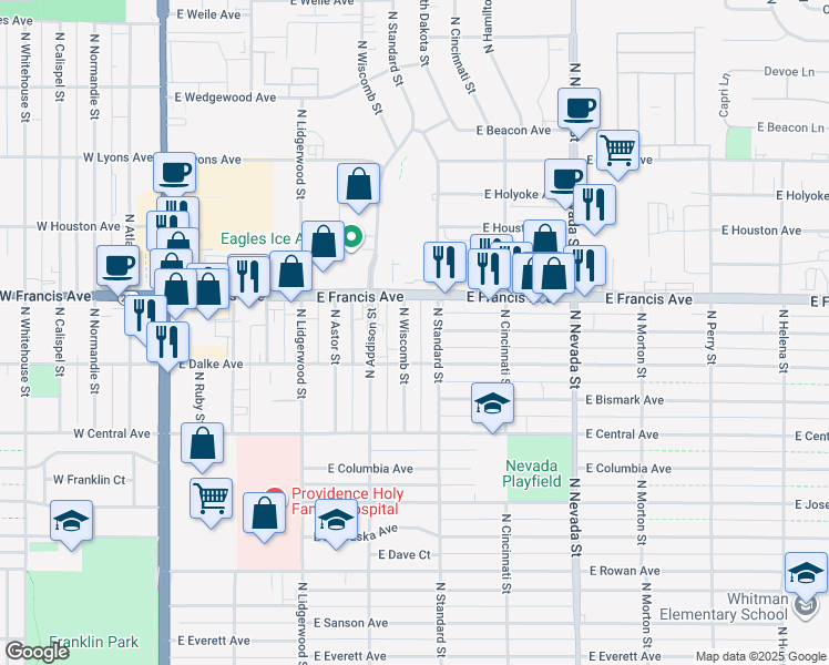 map of restaurants, bars, coffee shops, grocery stores, and more near 523 East Dalke Avenue in Spokane