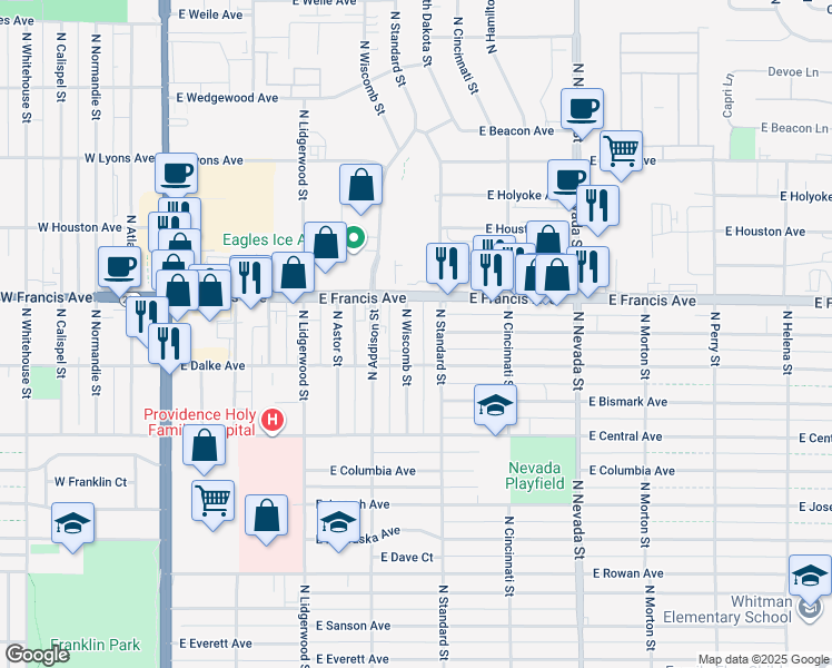 map of restaurants, bars, coffee shops, grocery stores, and more near 6128 North Wiscomb Street in Spokane