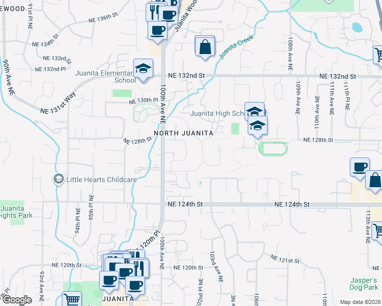 map of restaurants, bars, coffee shops, grocery stores, and more near 10122 Northeast 126th Street in Kirkland