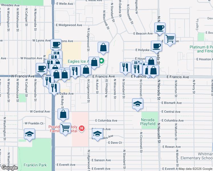 map of restaurants, bars, coffee shops, grocery stores, and more near 6101 North Addison Street in Spokane