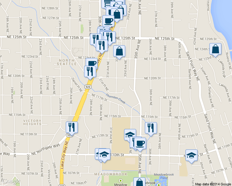 map of restaurants, bars, coffee shops, grocery stores, and more near Northeast 118th Street in Seattle