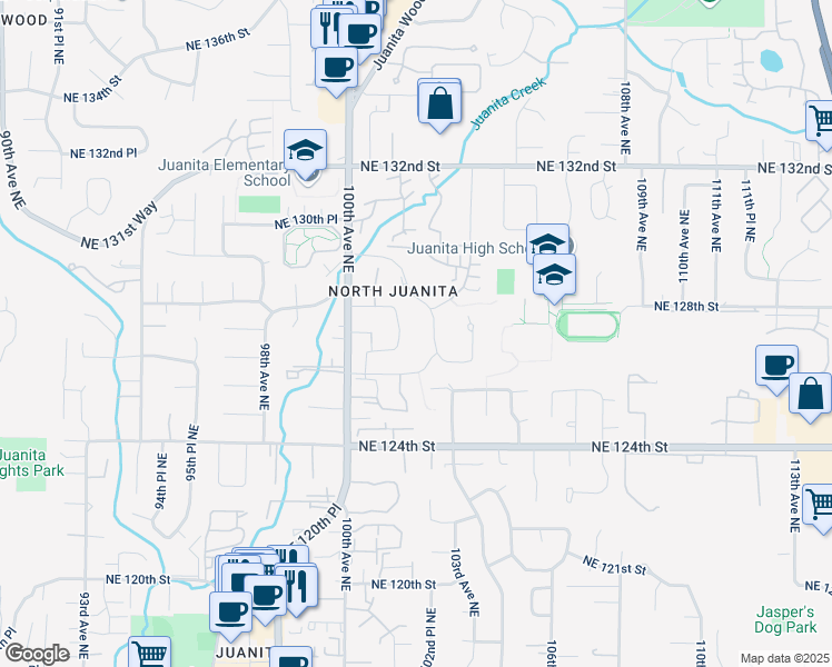 map of restaurants, bars, coffee shops, grocery stores, and more near 10122 Northeast 126th Street in Kirkland