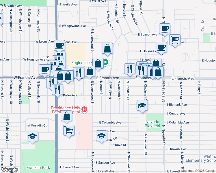 map of restaurants, bars, coffee shops, grocery stores, and more near 6135 North Addison Street in Spokane