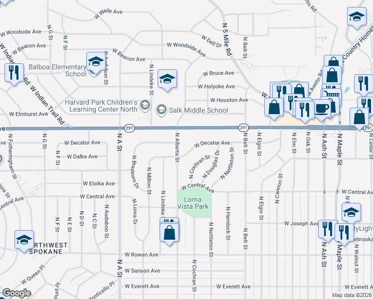 map of restaurants, bars, coffee shops, grocery stores, and more near 2533 West Decatur Avenue in Spokane