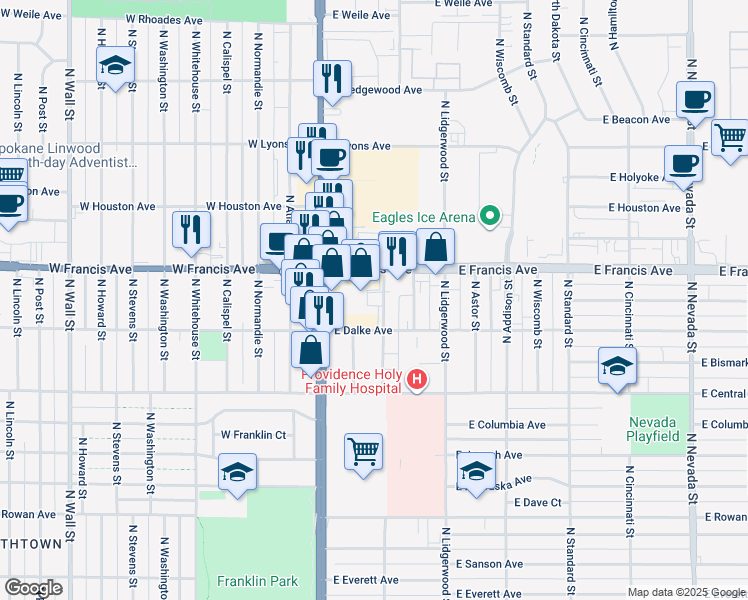 map of restaurants, bars, coffee shops, grocery stores, and more near 6208 North Division Street in Spokane