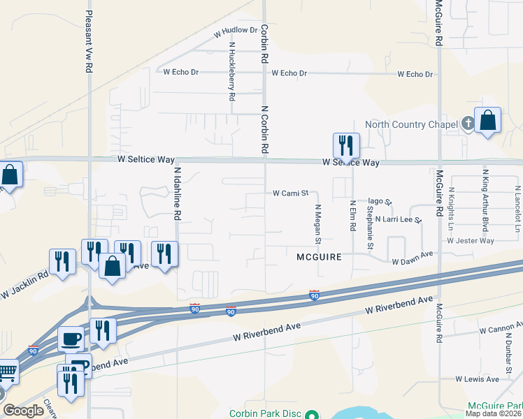map of restaurants, bars, coffee shops, grocery stores, and more near 3200 Casey Court in Post Falls