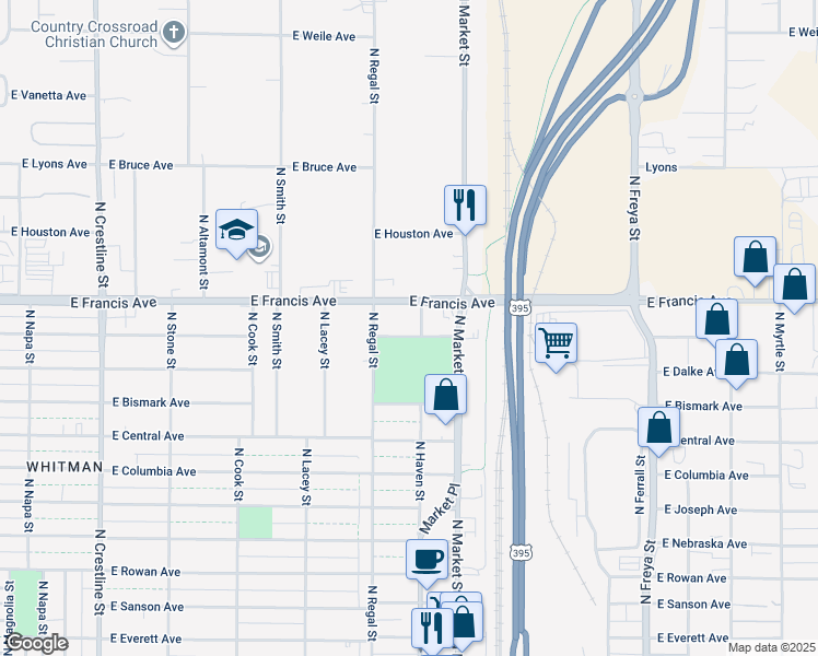 map of restaurants, bars, coffee shops, grocery stores, and more near 6018 North Regal Street in Spokane