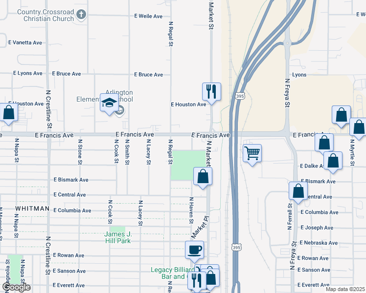 map of restaurants, bars, coffee shops, grocery stores, and more near 6111 North Regal Street in Spokane