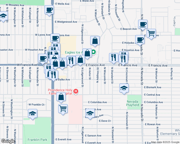 map of restaurants, bars, coffee shops, grocery stores, and more near 327 East Dalke Avenue in Spokane