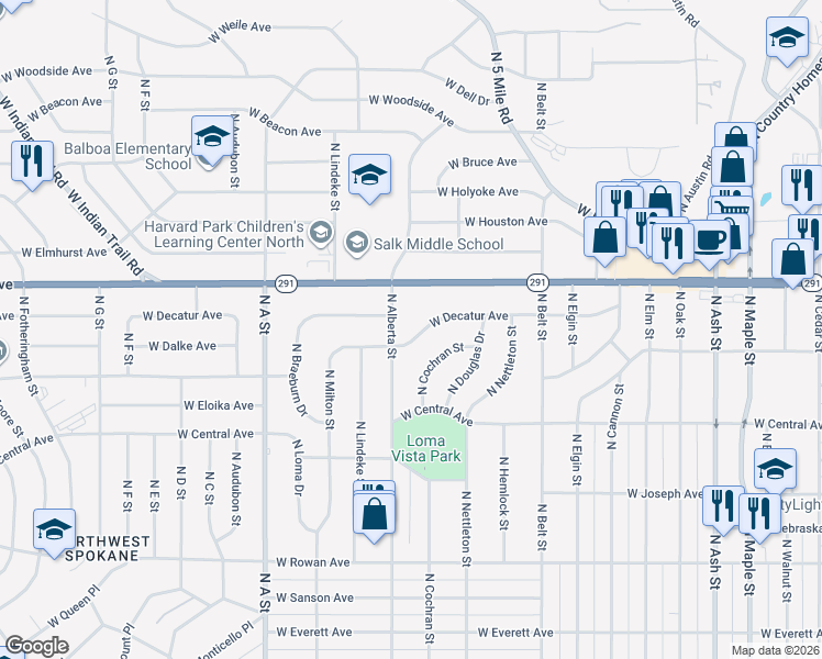 map of restaurants, bars, coffee shops, grocery stores, and more near 2533 West Decatur Avenue in Spokane