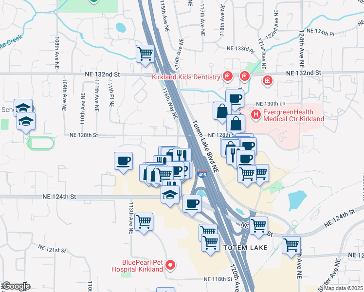 map of restaurants, bars, coffee shops, grocery stores, and more near Interstate 405 in Kirkland