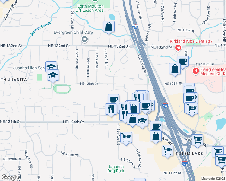 map of restaurants, bars, coffee shops, grocery stores, and more near 11223 Northeast 128th Street in Kirkland