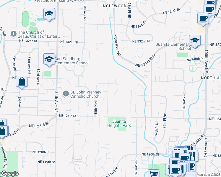map of restaurants, bars, coffee shops, grocery stores, and more near 12610 89th Place Northeast in Kirkland