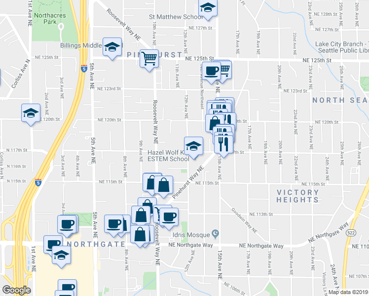 map of restaurants, bars, coffee shops, grocery stores, and more near 1043 Northeast 117th Street in Seattle