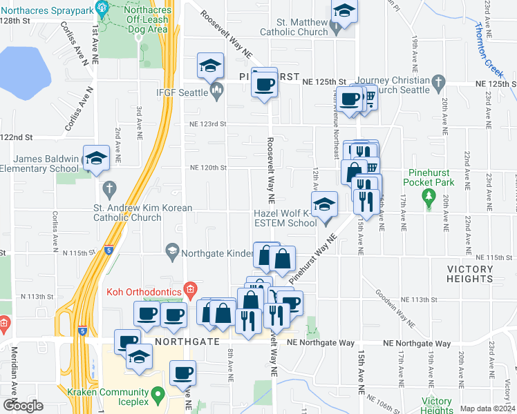 map of restaurants, bars, coffee shops, grocery stores, and more near 910 Northeast 117th Street in Seattle