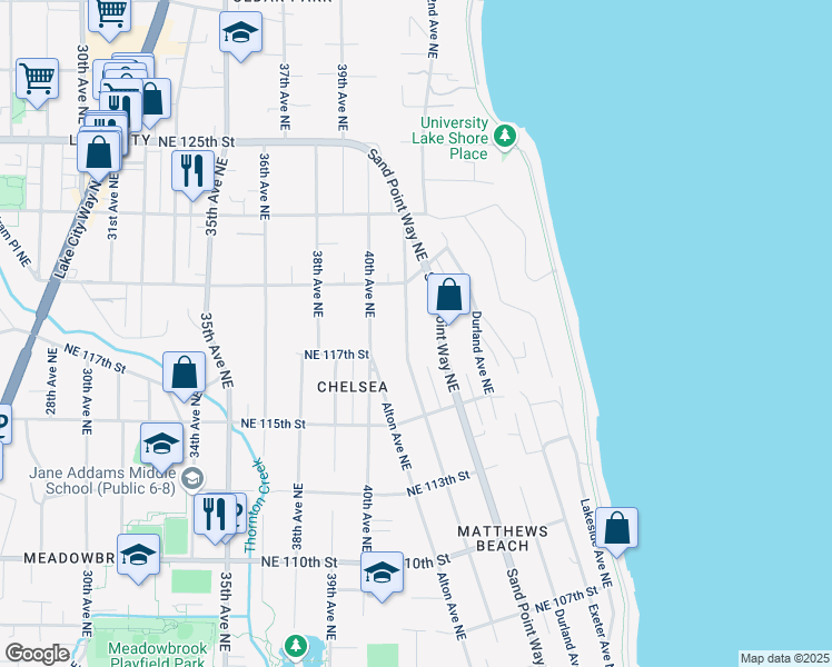 map of restaurants, bars, coffee shops, grocery stores, and more near 11755 Sand Point Way Northeast in Seattle
