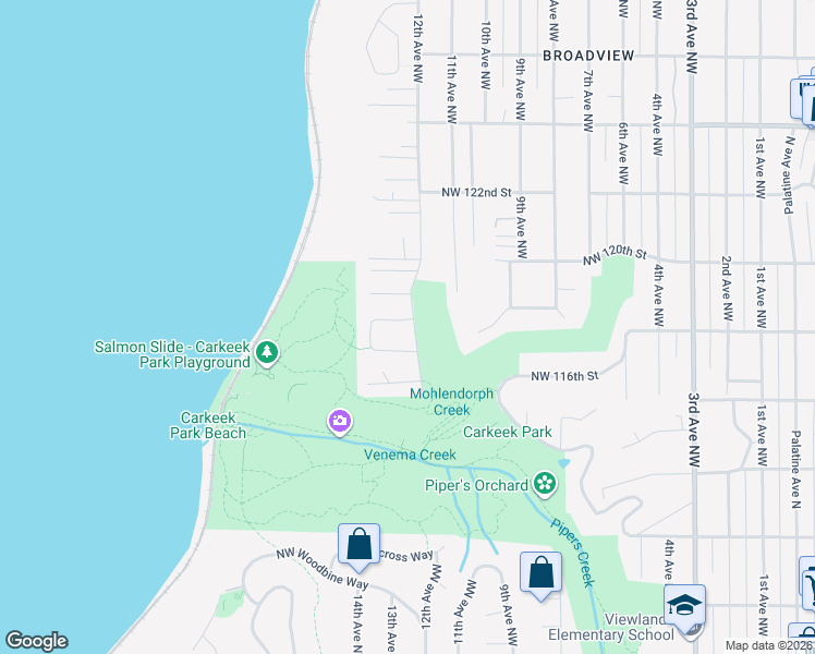 map of restaurants, bars, coffee shops, grocery stores, and more near 1203 Northwest 119th Street in Seattle