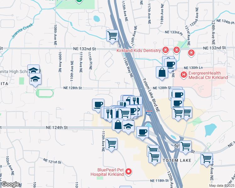 map of restaurants, bars, coffee shops, grocery stores, and more near 11420 Northeast 128th Street in Kirkland