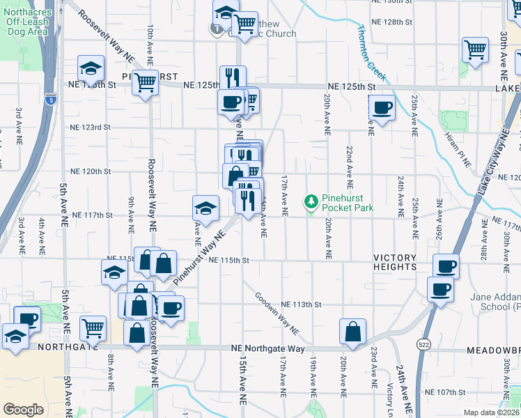 map of restaurants, bars, coffee shops, grocery stores, and more near 11735 16th Avenue Northeast in Seattle