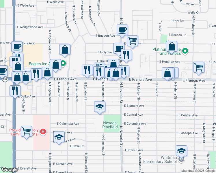 map of restaurants, bars, coffee shops, grocery stores, and more near 808 East Francis Avenue in Spokane